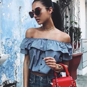 Lulus Grey Striped Off-the-Shoulder Crop Top